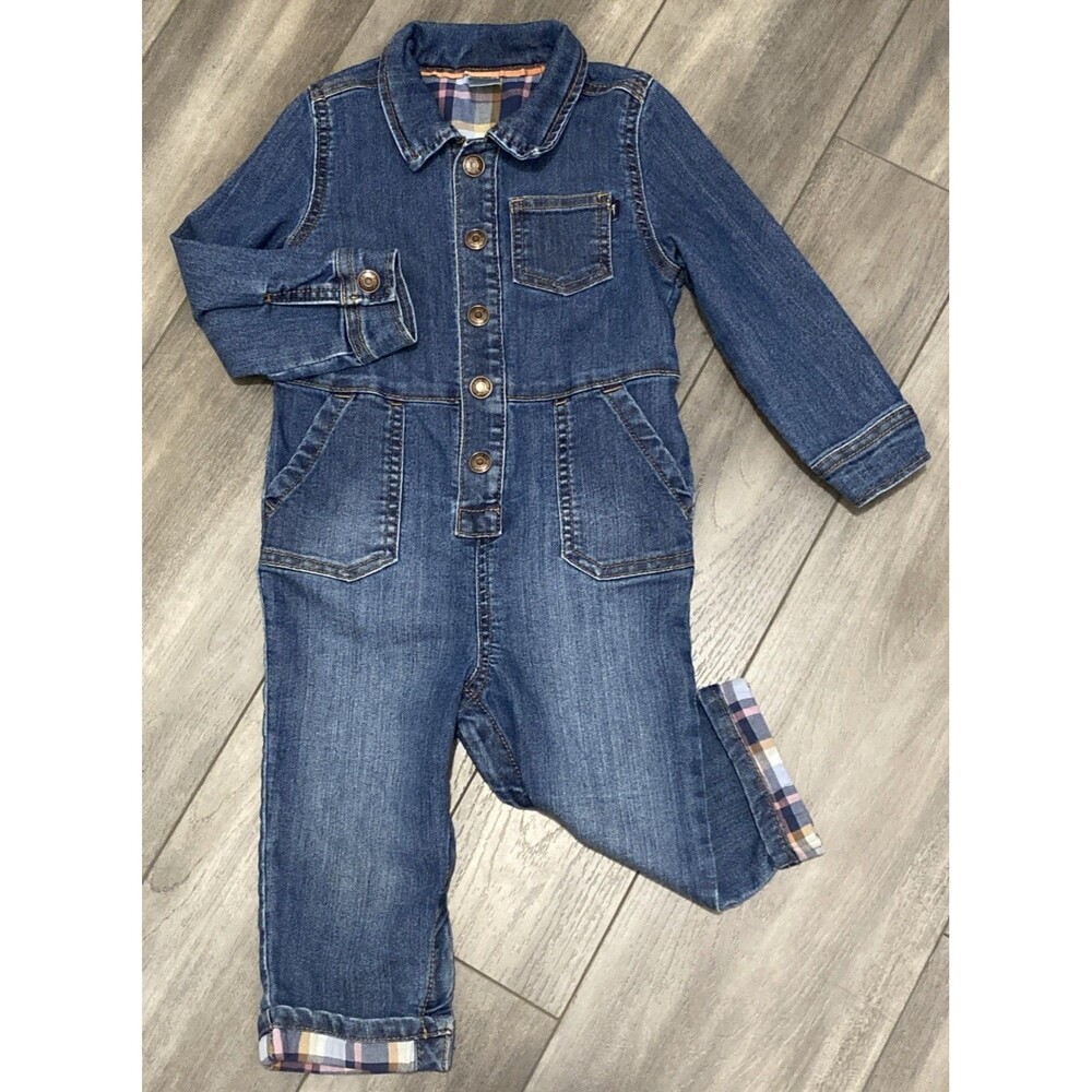 Baby B'Gosh Toddler Jumpsuit Girl 24 Months Blue Denim Jean Coveralls Plaid Cuff